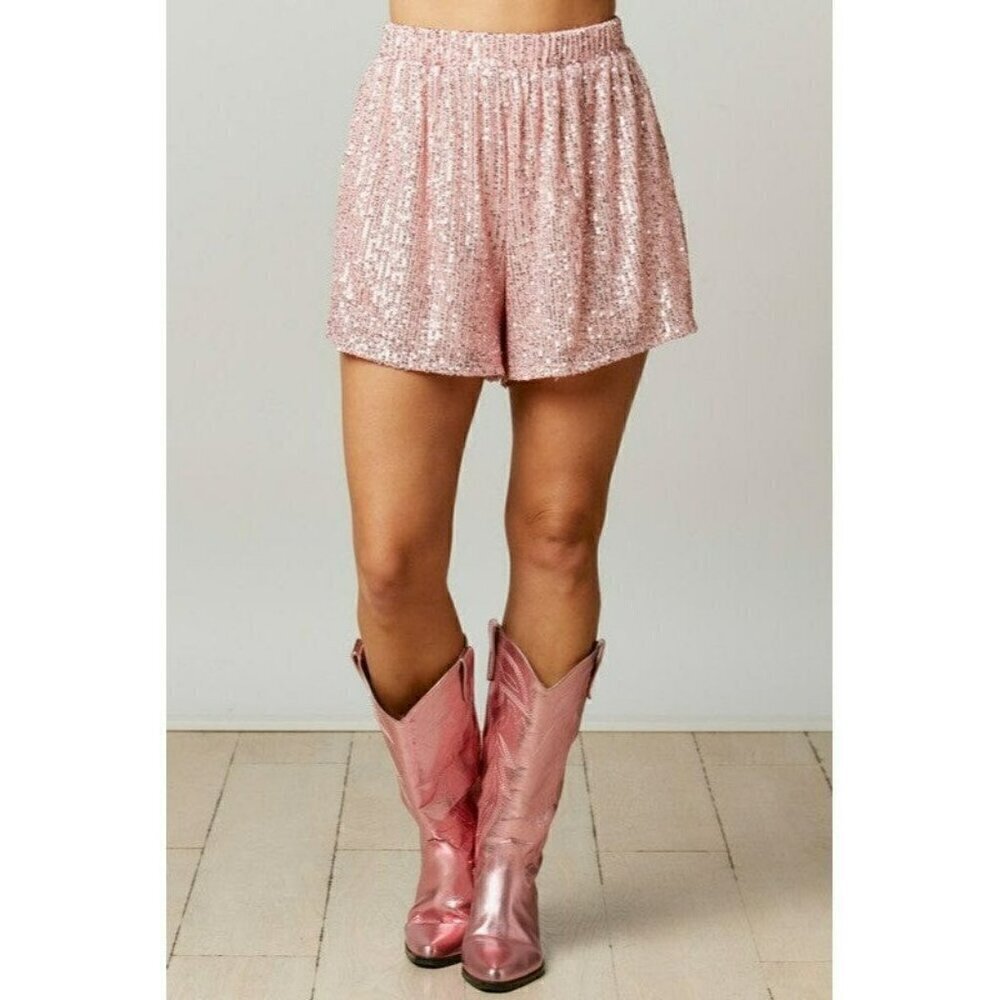 Making a Statement Sequin Sparkle Shorts in Pink - Picture 2 of 7